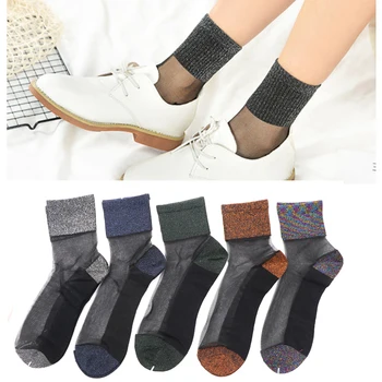 

2Pair=4Pcs Women Spring Mesh Socks Nylon Transparent Breatheable Socks Fashion Shiny Patchwork Women Casual Elastic Ankle Socks