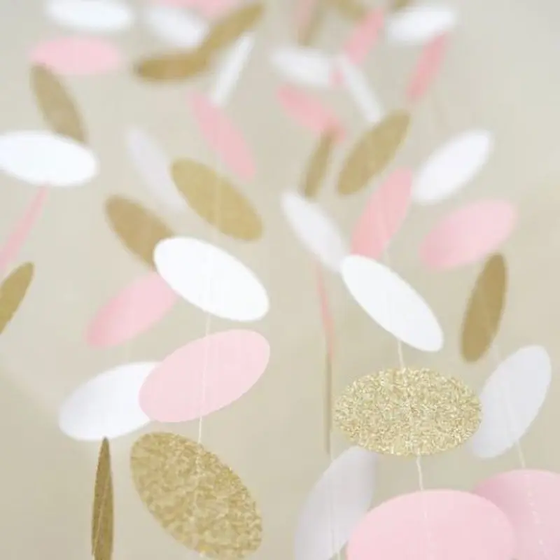 24 штуки 2 м, розового и белого цвета с золотым блеском круг Бумажная гирлянда-горошек баннер