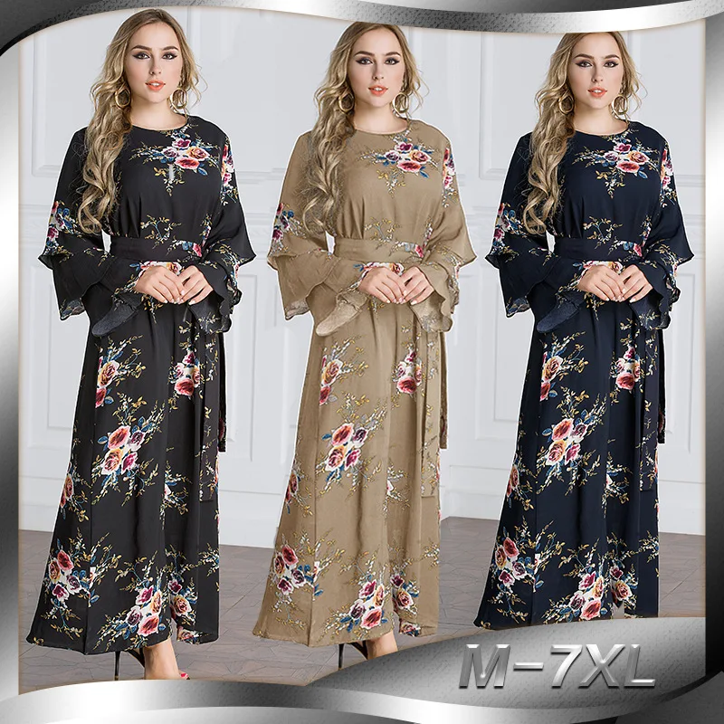 

2019 Fashion Women Muslim Dress O Neck Long Plus Size 7XL Floral Dress Islamic Saudi Arabia Dresses Abaya Turkish Dubai Dress
