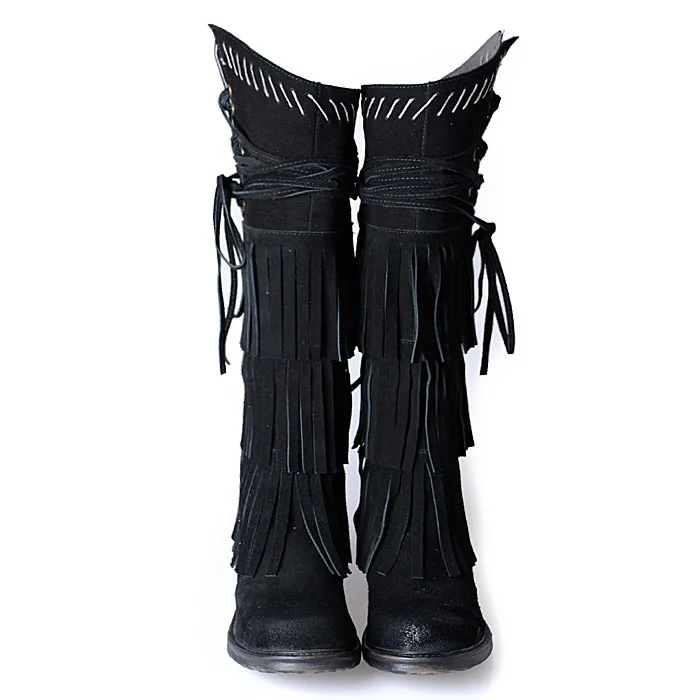 Prova Perfetto осенне-зимние сапоги до колена с кисточками для женщин, боковая молния, круглый носок, низкий каблук, высокие сапоги с бахромой, ковбойские сапоги