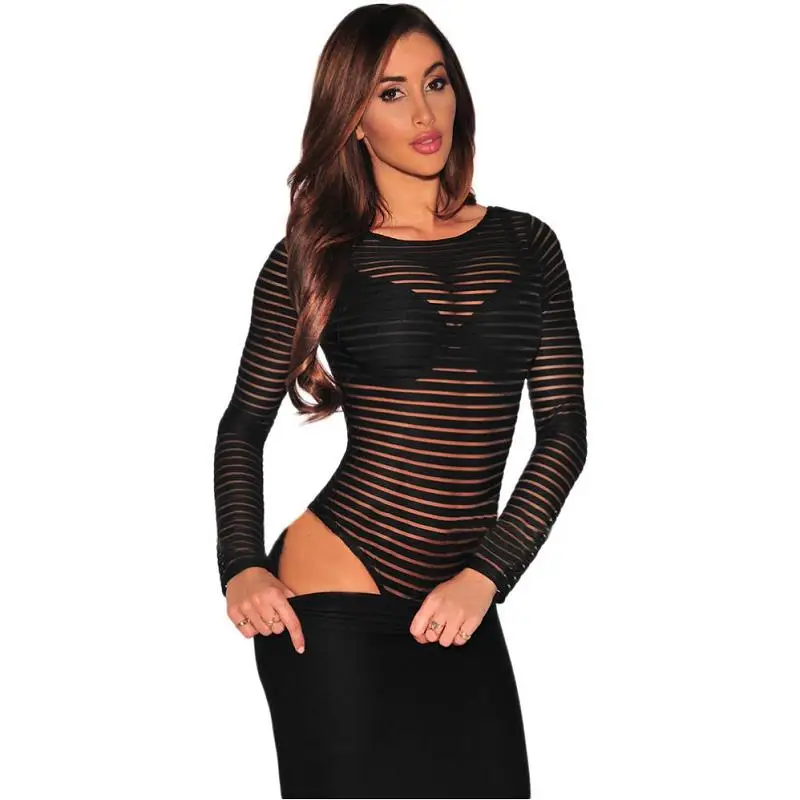 Dreszdi Sexy Black Long Sleeve Mesh Stripe Bodysuit Women Bodysuit Bodycon Lace Body Top Romper Overalls 