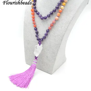 

Natural Amethyst Stone Round Beads Long Chains Rough Crystal Nugget Pendant Tassel Chakra Necklace Fashion Party Energy Jewelry