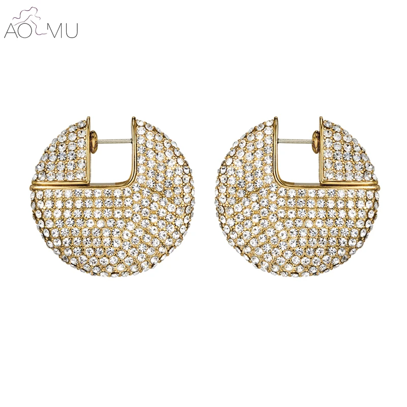 

AOMU 2019 Luxury New Gold Metal Full Crystal Cubic Zirconia Rhinestone Round Circle C Sahpe Stud Earrings for Women Jewelry 3cm