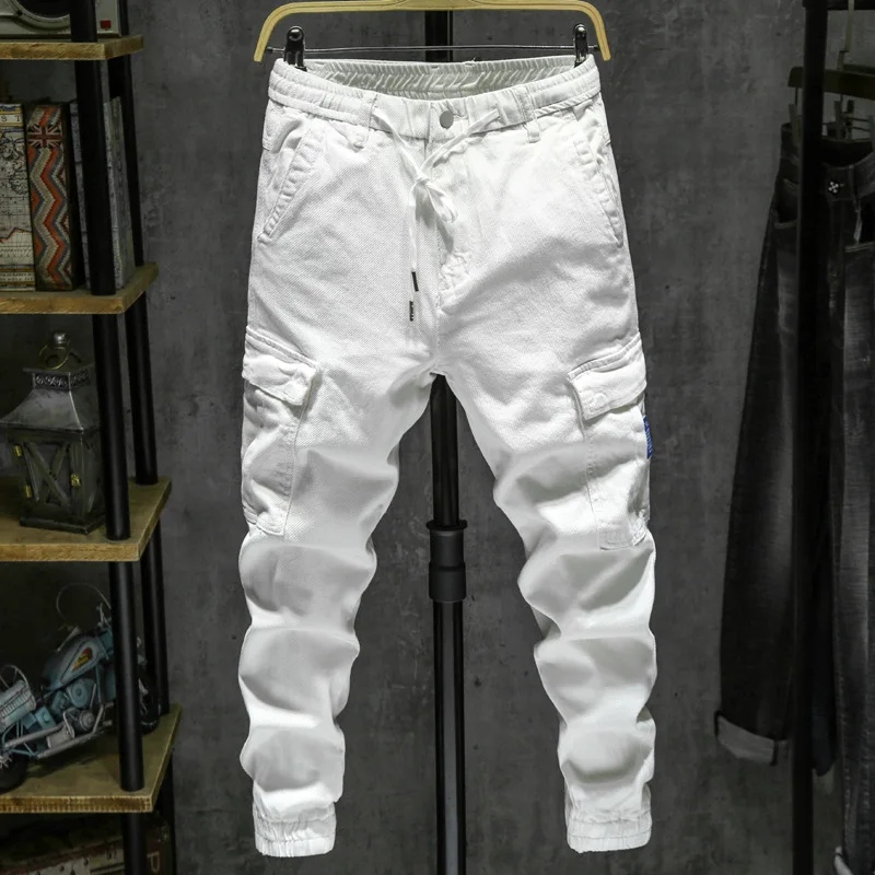 2019 Summer Fashion Men Jeans White Loose Fit Elastic Patch Pocket Cargo Pants Streetwear Slack Bottom Hip Hop Joggers Jeans Men