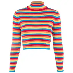 Женский зимний свитер с воротником-хомутом в разноцветную радужную полоску, пуловер с длинными рукавами, трикотажный джемпер в рубчик