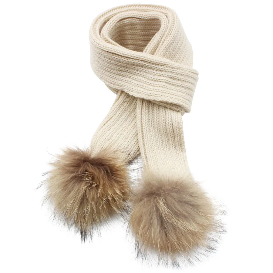 150*16cm crochet Children Scarf wool Knitted Winter Fur Scarves With Detachable Real Raccoon Fur Pom Poms neckwarmer Scarf