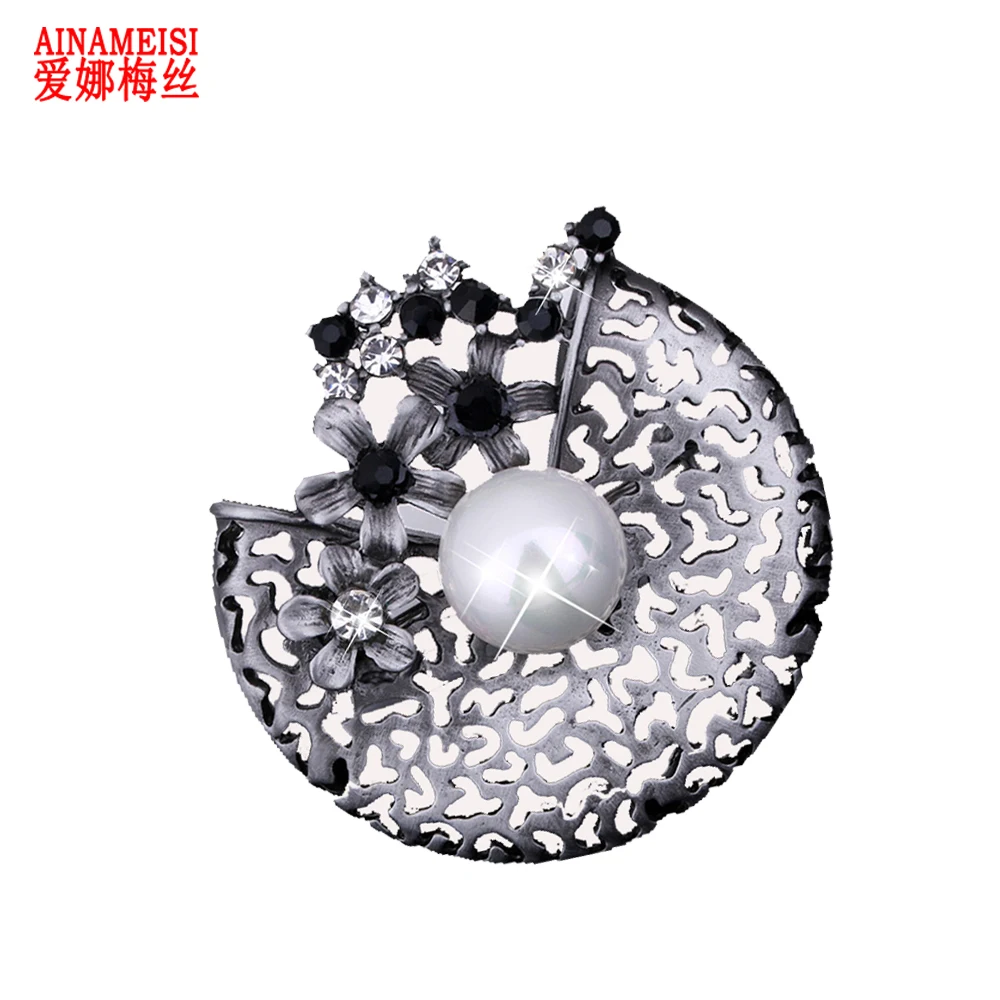 

AINAMEISI Vintage Black Rhinestone Flower Brooch Pins High Quality Pearl Brooches For Women Fashion Jewelry Accessories 2018