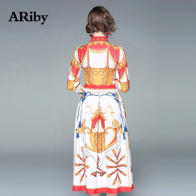 Women Dress Long Maxi Dress 2019 Spring Fashion Vintage Temperament Printed Lapel Slimming Nine-sleeved Mid-Calf A-Line Dresses