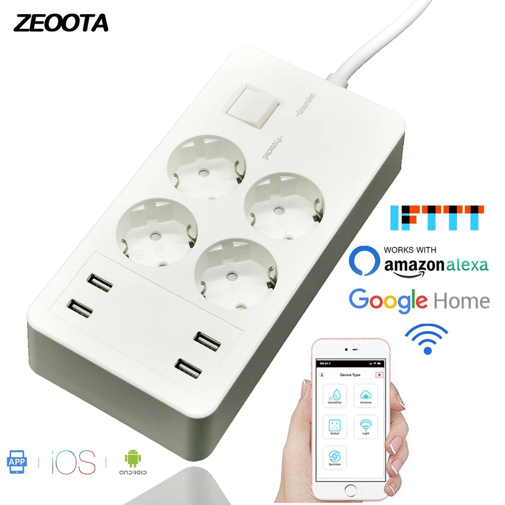 

Wifi Smart Power Strip Surge Protector Extension 4 Outlets EU Plug Sockets with USB Charger Adapter Work With Alexa Google Home