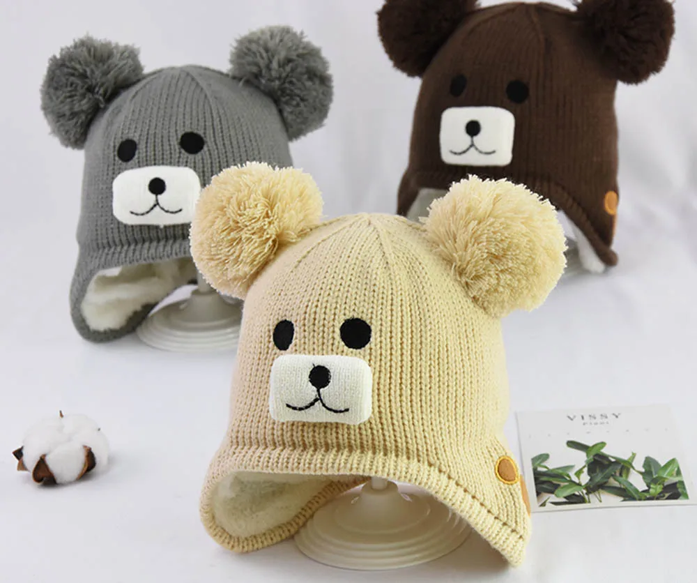 

MUQGEW Children Cartoon Bear Knit Hats 2019 Fashion Boys Kids Hairballs Winter Warm Balls Beanie Hat Cap new born photography