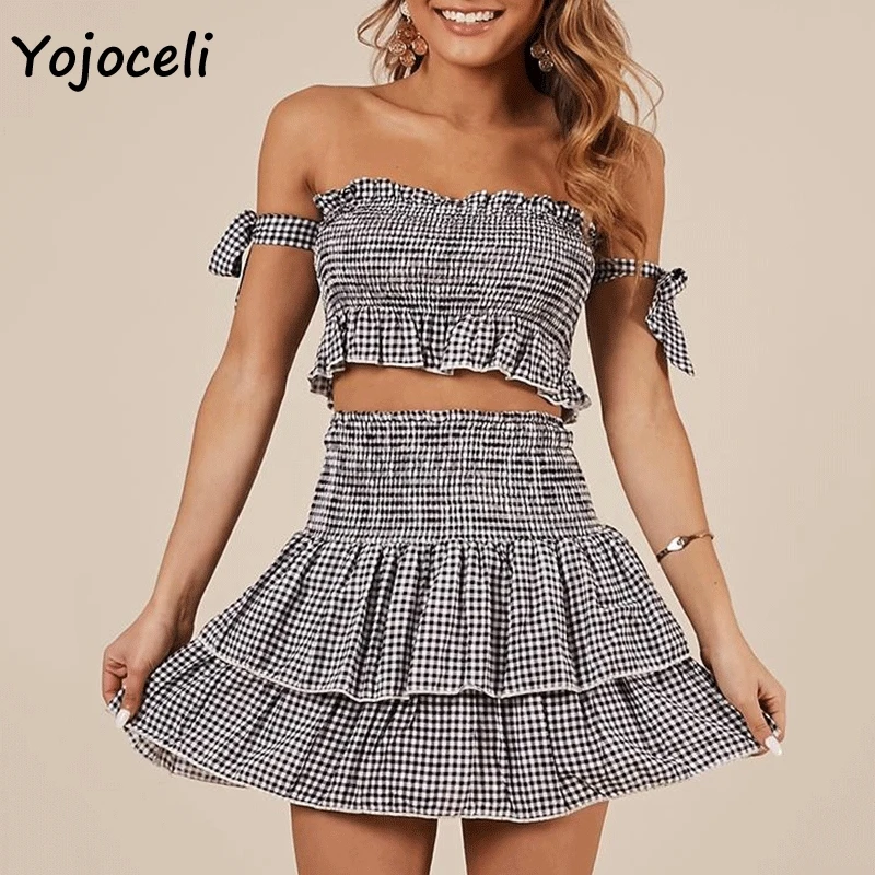 Yojoceli 2019 летнее клетчатое платье из 2 предметов женское уличное мини с бантом