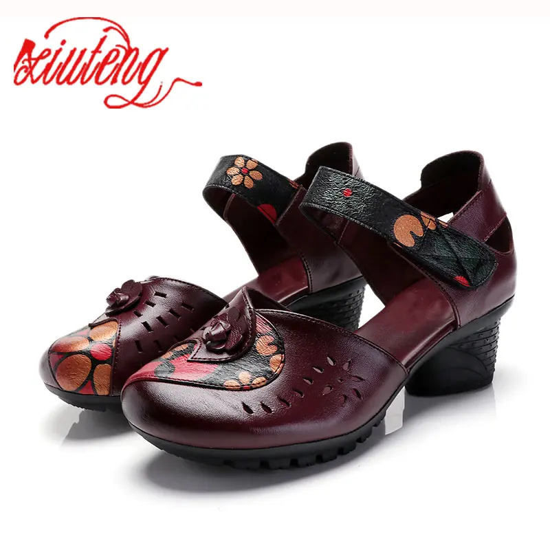 

Xiuteng 2018 Women Pumps Casual Style Square Med Heel Spring Elegant Shallow Ladies Thick with Shoes Genuine Leather Sandals