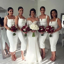 White Square Collar Mermaid Bridesmaid Dress Tea Length 2016 Formal Wedding Party Dress Back Split vestido