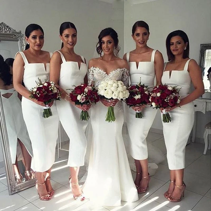 White Square Collar Mermaid font b Bridesmaid b font font b Dress b font Tea Length