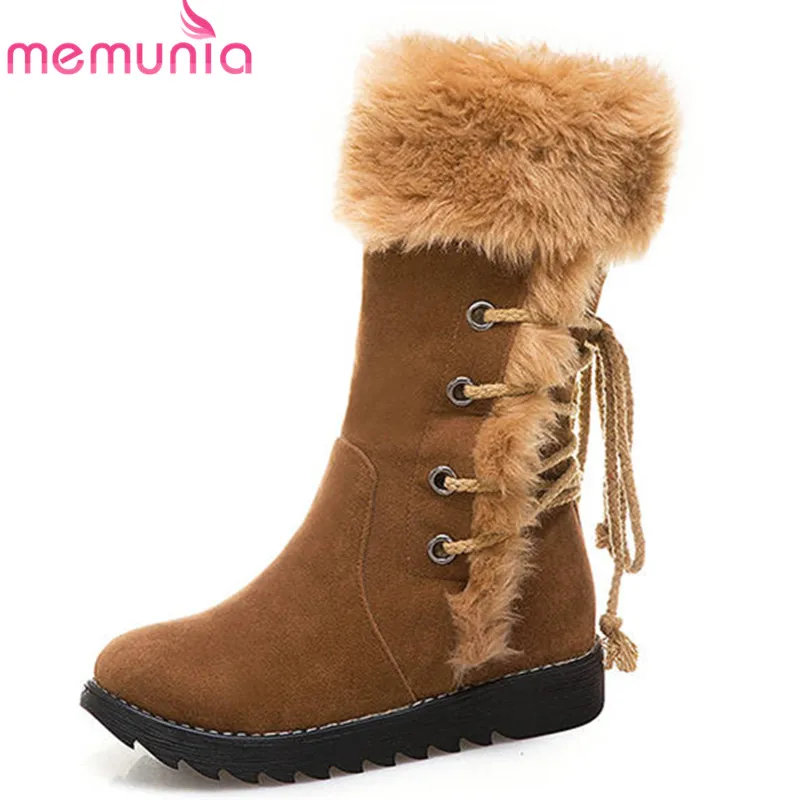 

MEMUNIA 2019 newest mid calf boots women round toe flock keep warm winter snow boots cross tied comfortable flat shoes woman