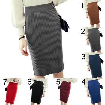 

Autumn Winter Women Knitted Pencil Skirts Stretch High Waist Knee Length Slim Office Lady Bodycon Long Skirt BMF88