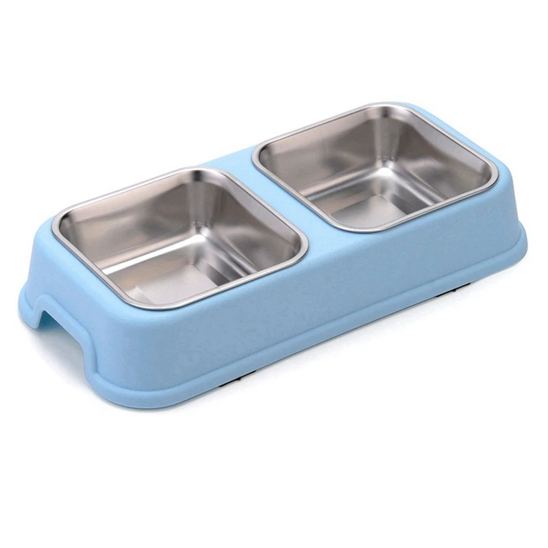 

Plastic Non-Slip Fruit Color Square Pet Food Water Bowl Feeding Station Stainless Steel Dual Double Cat Dog Bowl