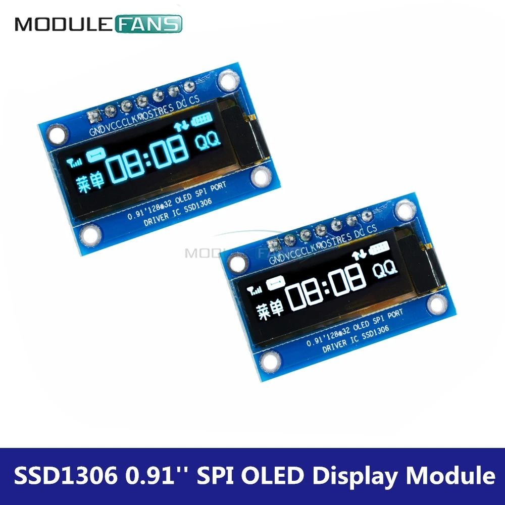 

0.91 Inch SPI 128x32 12832 White/Blue Digital OLED LCD Display DIY Module SSD1306 Driver IC DC 3.3V-5V For Arduino PIC Board Diy