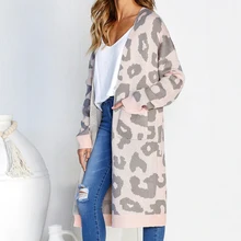 Осень зима Леопардовый принт женский свободный Свитер Кардиган Верхняя одежда вязаное длинное пальто свитер кардиган женский шерстяной свитер
