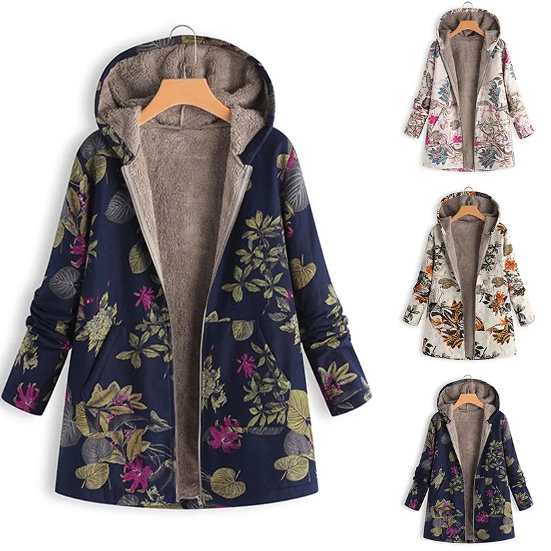 ZANZEA Женское пальто с капюшоном, плюшевое пушистое пальто, Осеннее теплое пальто, зимнее Свободное пальто с цветочным принтом и длинным рукавом, куртки из искусственного меха