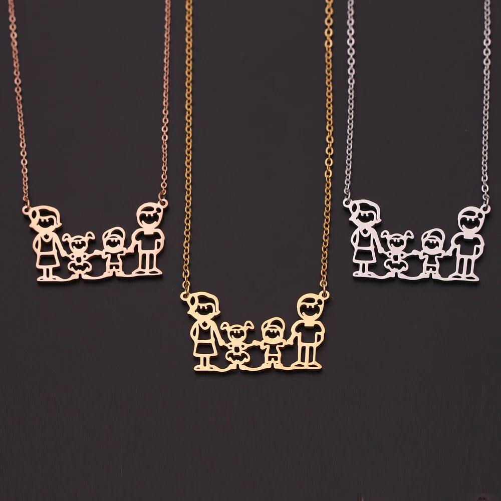 

Lovely Stainless Steel Cartoon Boy Girl Mother Father Family Pendant Necklace Figure Parents Son Daughter Long Chain Necklace