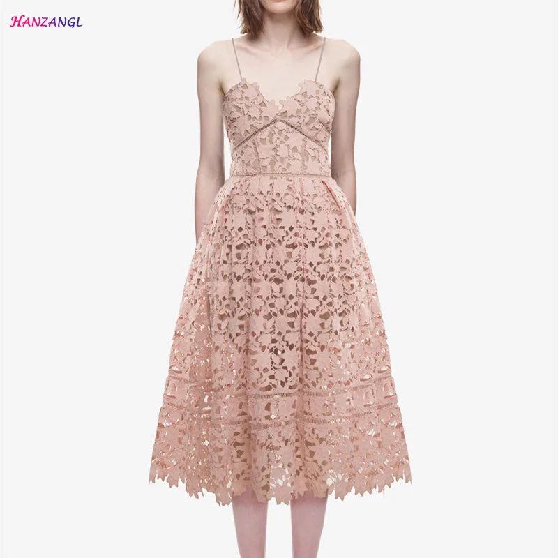 

HANZANGL 2019 New arrive Summer Runway Dresses Sexy V-neck Flower Lace Long Dress Brand vestido 9 colors
