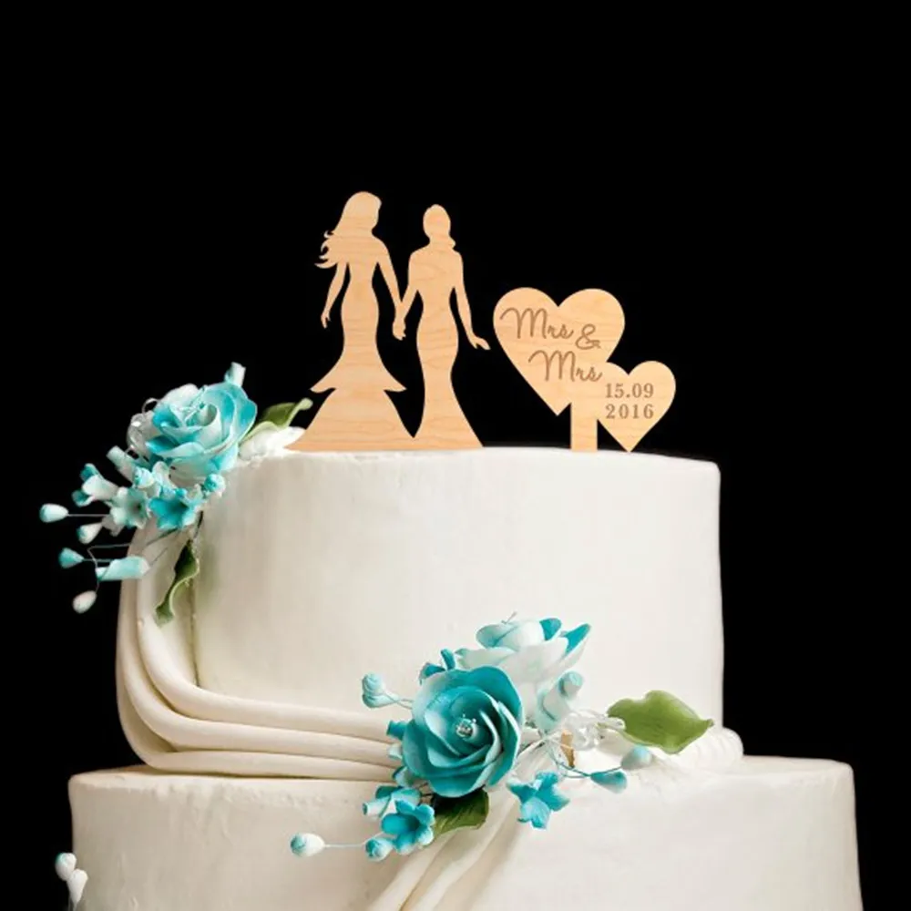 Пользовательские же секс День Святого Валентина торт декоративные шляпы г-н и г-жа лесбиянок торт Топпер, Персонализированные Деревянный свадебный торт Топпер