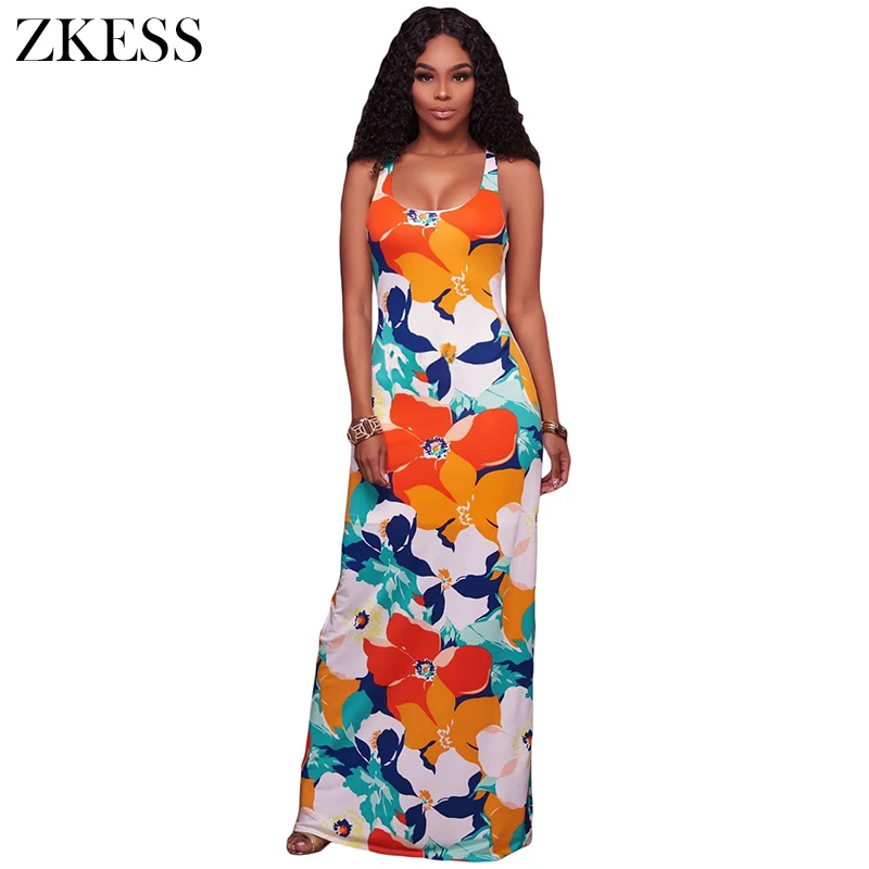 

Zkess Women Summer Beach Multi-color Floral Print Crisscross Back Maxi Dress 2017 Sexy Dress Evening Party Bodycon Dress LC61491