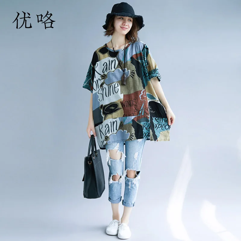 Billige 2019 sommer Mode Baumwolle Leinen T Hemd Frauen Plus Größe Vintage Abstrakte Kunst Gedruckt T Shirts Weibliche Beiläufige Lose T shirt top
