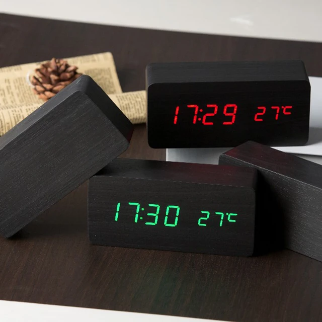 Hot Sale Wooden LED Alarm Clock Display Date+Time+Celsius/Fahrenheit Temperature Sound Control Function Table Desktop Clocks