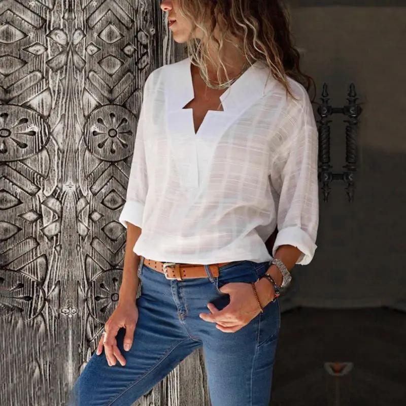 

2019 Ladies V-Collar Irregular Plaid Loose Shirts Women Autumn Casual Long Sleeve Blouse Fashion Solid Color Blouses S-XL