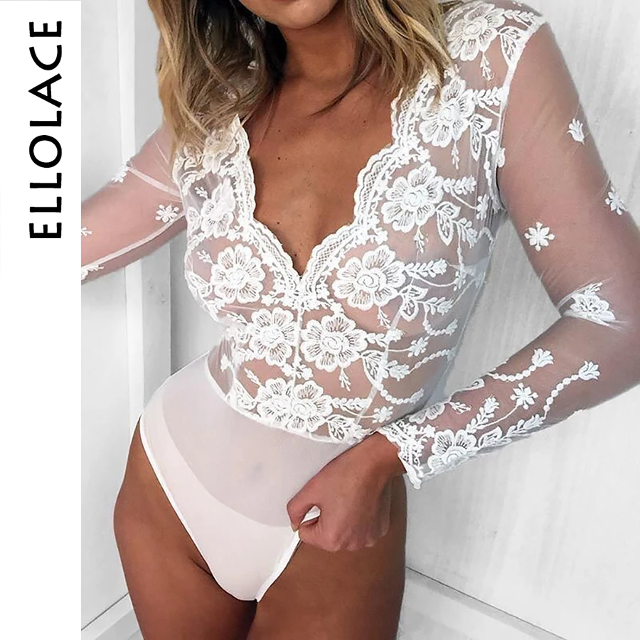 

Ellolace Neon Lace Mesh Elegant Bodysuit Women Female Jumpsuit Backless Transparent Sexy bodycon Bodys Summer White Bodysuits