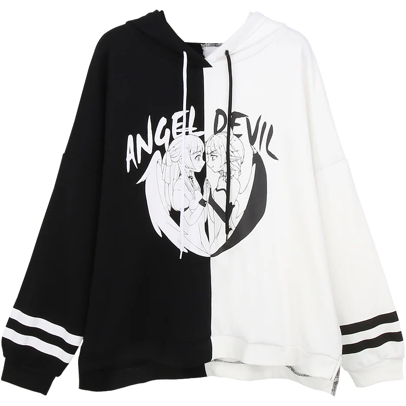 Толстовка с капюшоном в японском стиле Angel and Devil черная белая осенне зимняя