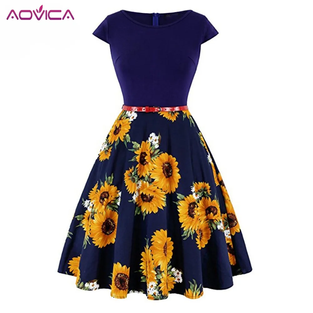 

Aovica Summer Women Vintage Dresses Retro Cap Sleeve O Neck Floral Printed Rockabilly Pin Up Skater Dress Casual New Vestidos