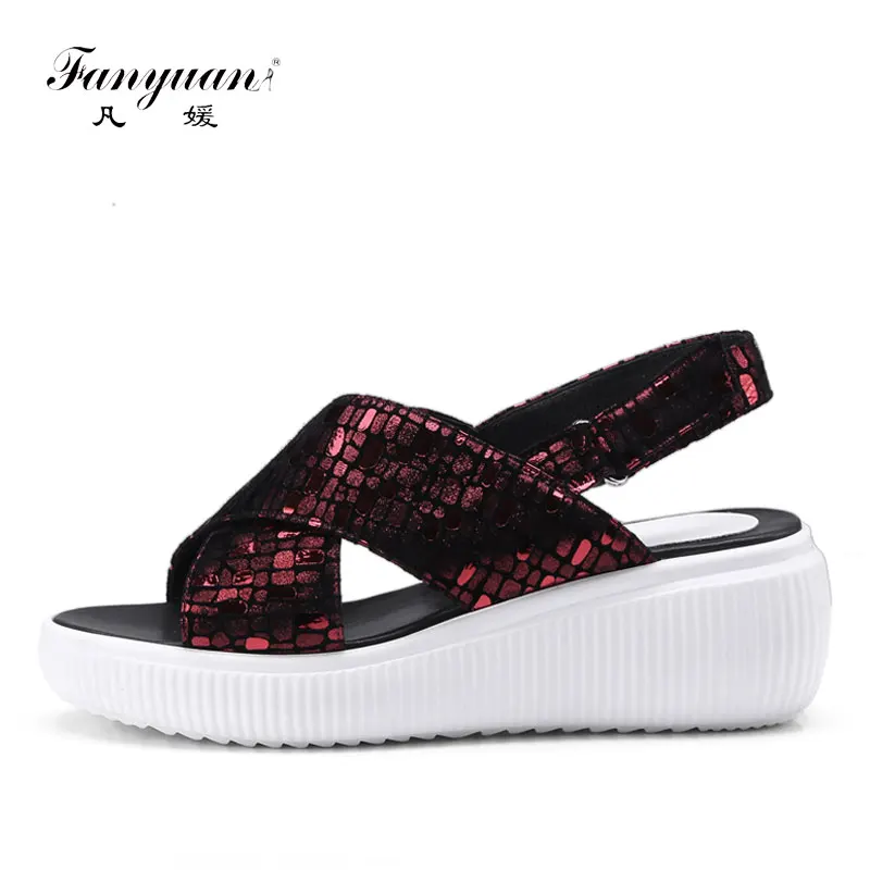 

Fanyuan Genuine Leather Women's Ankle Strappy Sandals Cross-Tied Platform Shoes Ladies Open Toe Casual Summer Shoes Size 34-42