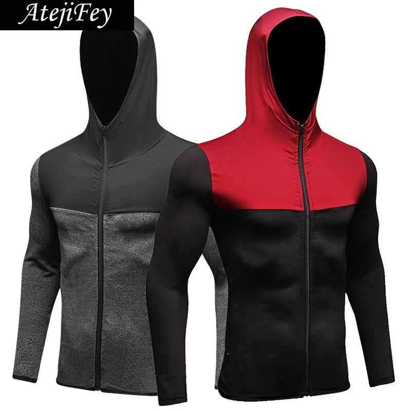 

2017 Autumn Men Running Jacket Elastic Cap Hoodies Long sleeve T-Shirt Gym bodybuilding Jerseys Fitness Zipper Yoga Sportswear