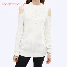 Осень-зима женские Модные вязаный с открытыми плечами, сексуальный свитер Повседневное женская, с перфорацией свитер белый SS175A