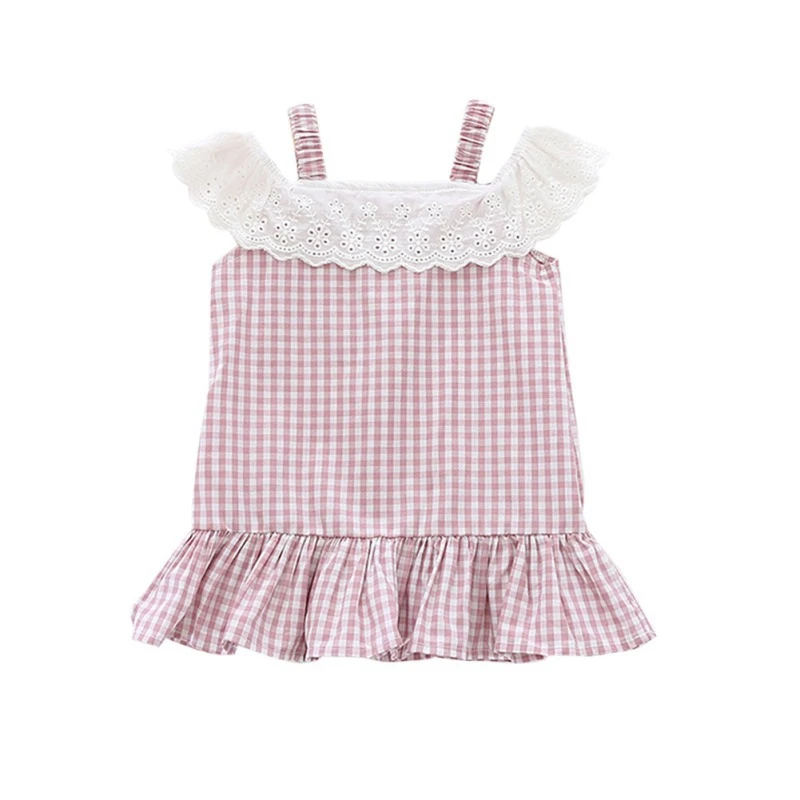 

Summer Casual Baby Girls Flare Sleeve Off-shoulder Plaid Print Lace Dress Kids Toddler Pageant Sundress