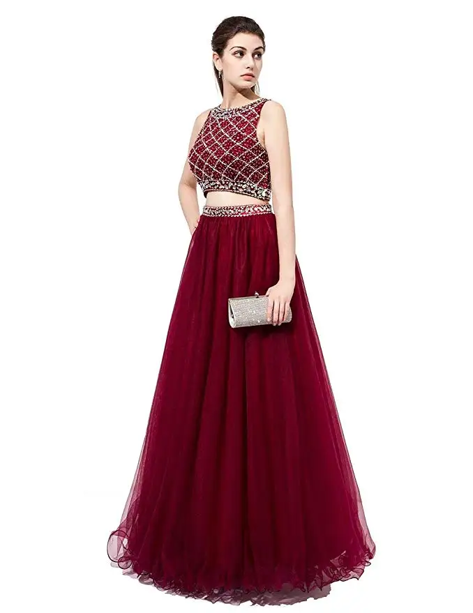 

2019 New Two Piece Prom Dresses Beaded Multi-Colored A-Line Real Picture Formal Evening Party Gown