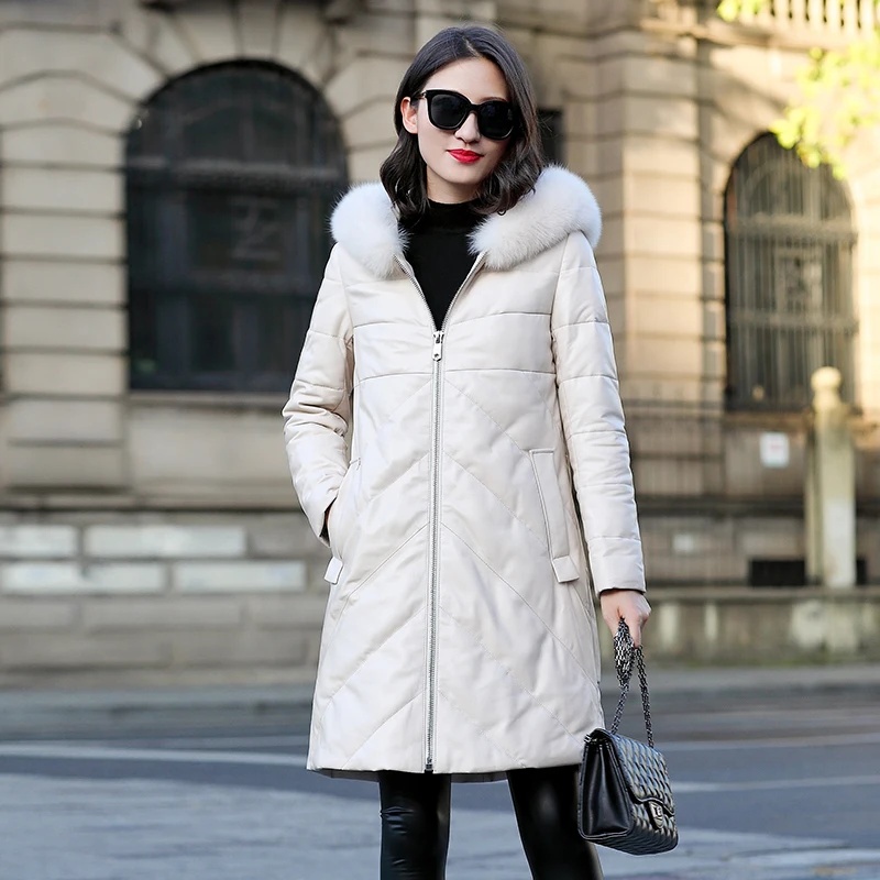 2018 New Leather Down Jacket Women Long Parka Winter Fashion Sheep Leather Fox Fur Hooded Feminino Outerwear
