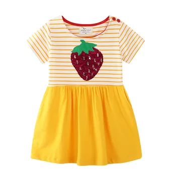 

New arrivals paillette strawberry cotton yellow striped boutique baby girl summer dress