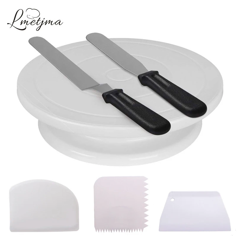 

LMETJMA Cake Decorating Tools Set 12 Inch Rotating Cake Turntable Stand with Icing Spatula and Icing Smoother Baking Kit KC0171