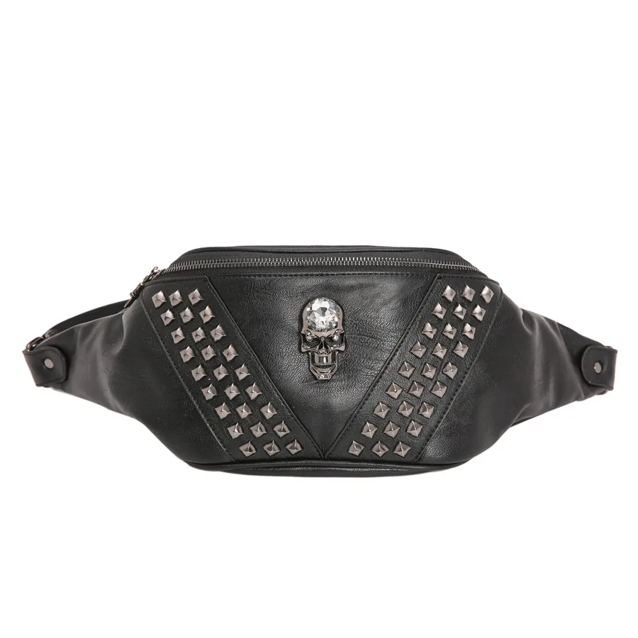 

Punk Unisex Leather Fanny Pack Skull Rivet Waist Bag Casual Waterproof Antitheft Women Chest Bag Band Belt Multi-function Bag