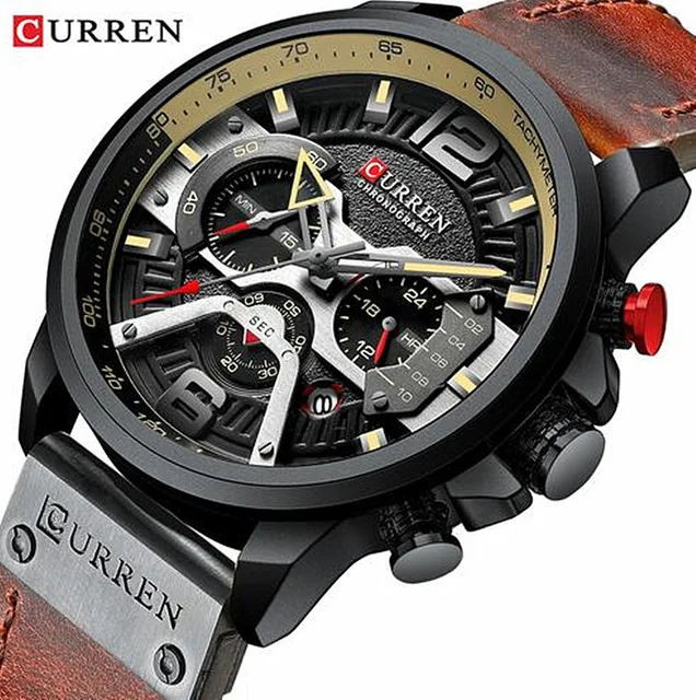 

CURREN Top Brand Fashion Men Sports Quartz Watch Mens Classic Military Leather Chronograph Wristwatches Waterproof Male Clock