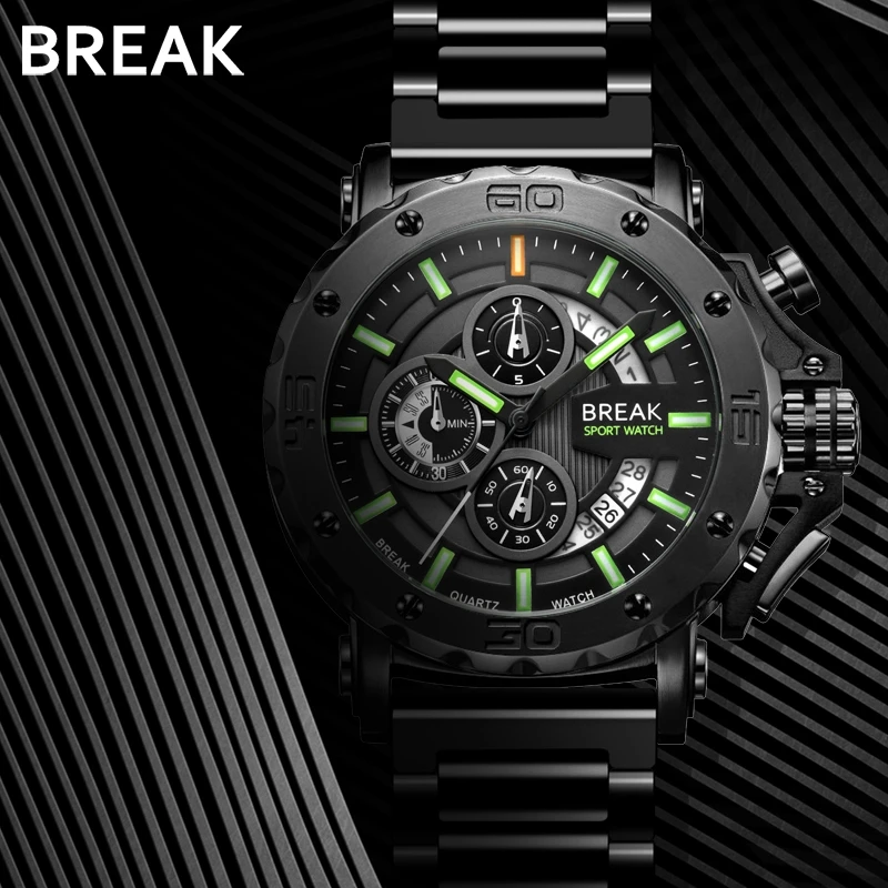  BREAK Men Quartz Watches Top Luxury Brand Stainless Steel Band Casual Fashion Chronograph Luminous 