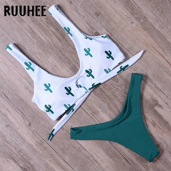 

RUUHEE Bikini Swimsuit Women Swimwear Sport Top High Cut Bikini Set Cactus Bathing Suit Summer Beach Wear Swimming Suit 2019