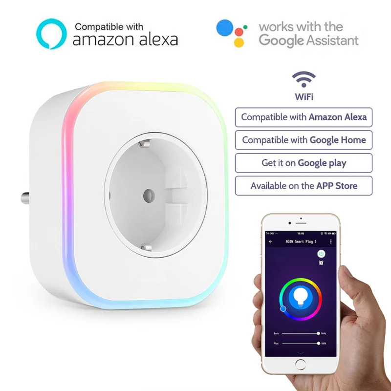 

New WiFi Smart Plug Socket RGB LED Light UK EU Remote Control Plug Smart Timing Switch Work for Google Home Mini Alexa IFTTT