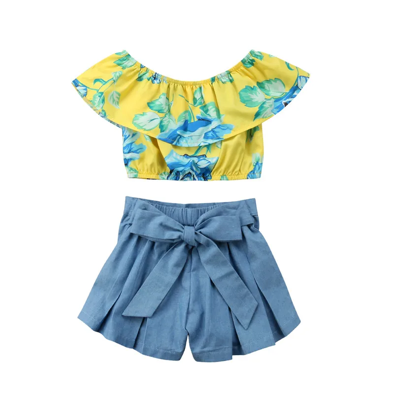

2pcs Baby Clothing Set Girl Floral Off Shoulder Tops+Denim Loose Shorts Outfits Set Princess Kids Girl Clothes