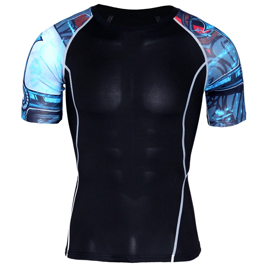 Running Shirt Men Compression Tights Fitness Tank Top MMA Rashgard Anime 3D T Shirt Wolf Skull Short Sleeve T Shirt Men Gym Wear