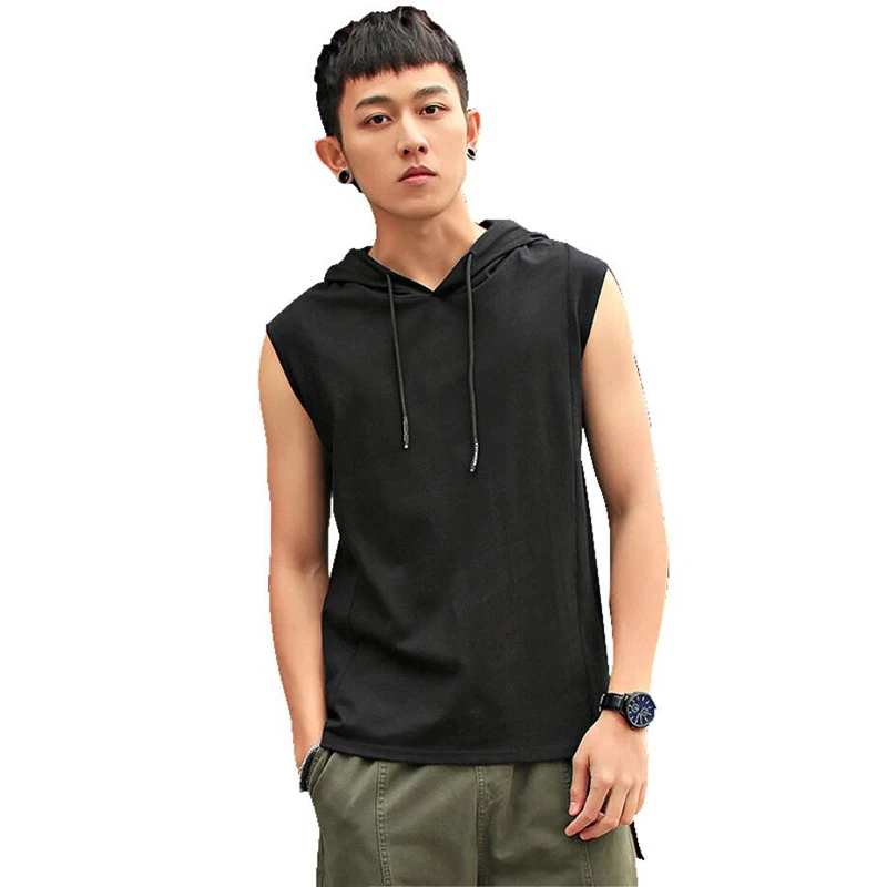 

Summer sleeveless hooded cotton letter vest sweatshirt streamer split solid color Slim youth casual T-shirt free shipping